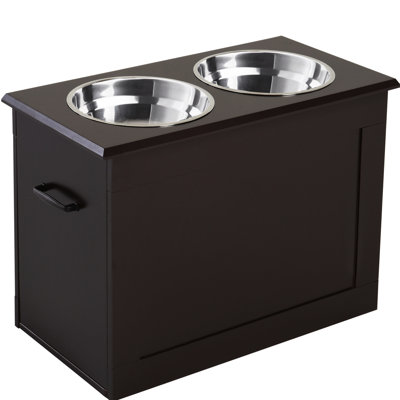 Large Pet Elevated Feeding Structure With 2 Steel Bowls, Dark Brown - Eases Spine And Joint Stress, Convenient To Move Clean, Storage Facility Unit Stainless Bowls Reduces Stress On Animals' Joints,