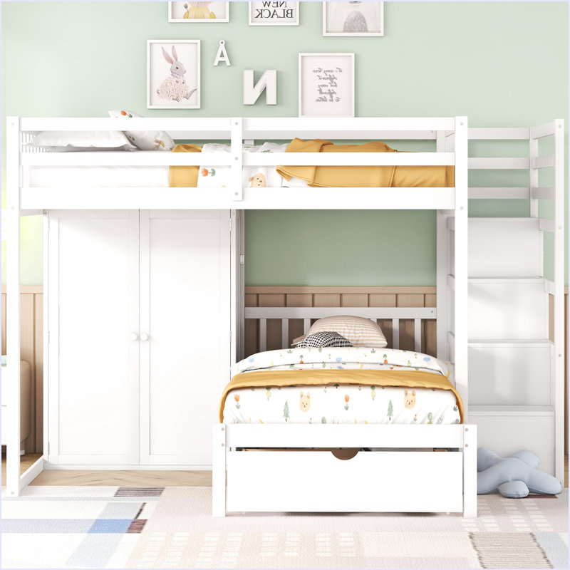 Full Over Twin Bunk Bed With Wardrobe, White