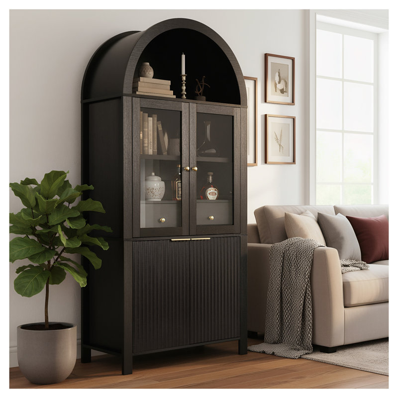 Armoire garde-manger arquée noire 71 "avec portes en verre et détail cannelé - Grand buffet moderne pour la cuisine, la salle à manger
