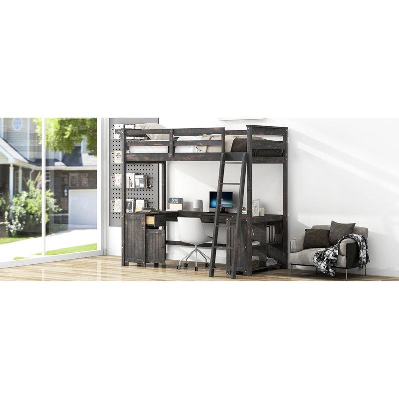 Lit mezzanine simple brun antique avec bureau en forme de U, rangement pour tablettes et porte-tiroirs
