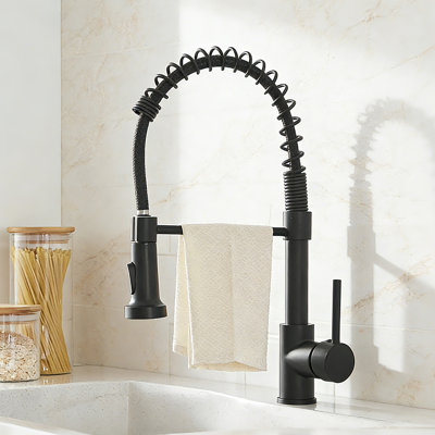 Matte Black Kitchen Faucet with High Arc Spring Spout, Commercial Grade 304 Stainless Steel & E-Coating for Rust/ Corrosion Resistance, 2 Spray Modes, for Kitchen and RV Sink