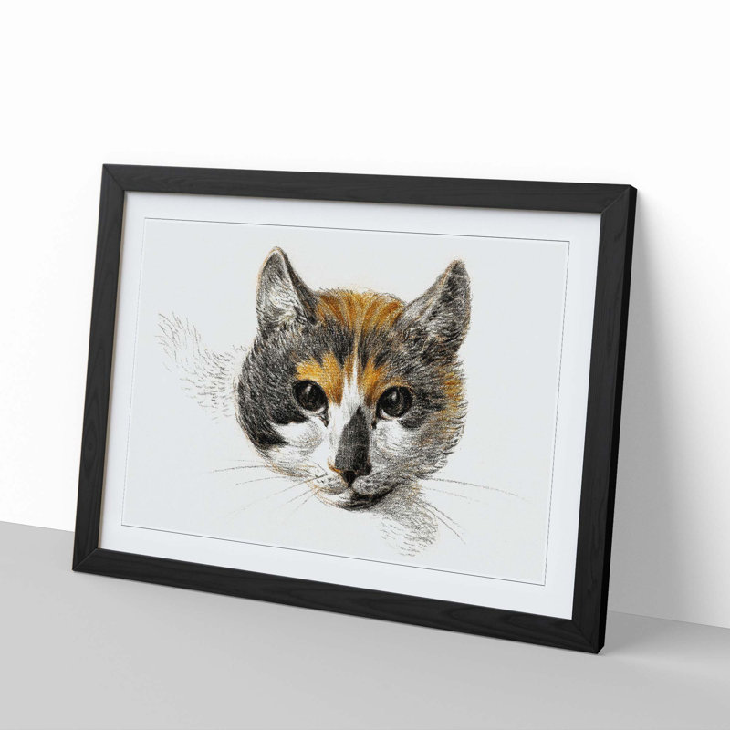 Head of a Calico Cat - Picture Frame Painting Print, Black Framed, 27cm H x 36cm W x 2cm D