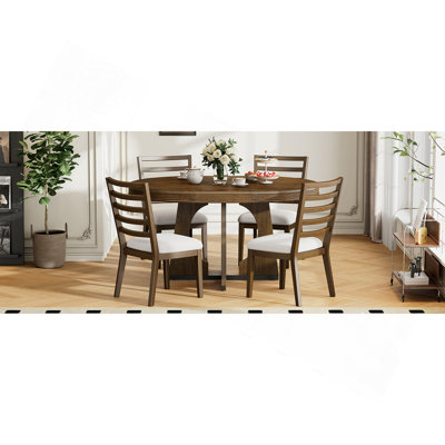 Ensemble de table de salle à manger ronde pour 4 personnes avec chaises, ensemble de table de salle à manger extensible avec rallonge amovible de 16 po, ensemble de table de salle à manger rétro 5 pièces à motif géométrique unique pour la cuisine, la salle à manger (noyer)