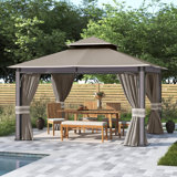 Sunjoy Roberts Outdoor Patio Steel Frame 11 x 13 ft. 2-Tier Soft Top Gazebo with Light Gray Canopy Roof, Netting, and Curtains