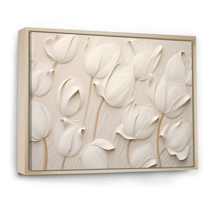 Minimalisme, tulipes blanches symphonie - tulipes, art mural, Reproduction avec cadre flottant, H 34 po x l 44 po, Naturel