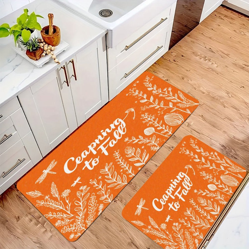 Autumn Floral & Dragonfly, 2 Pcs Non Slip Kitchen Mats, Orange Floral