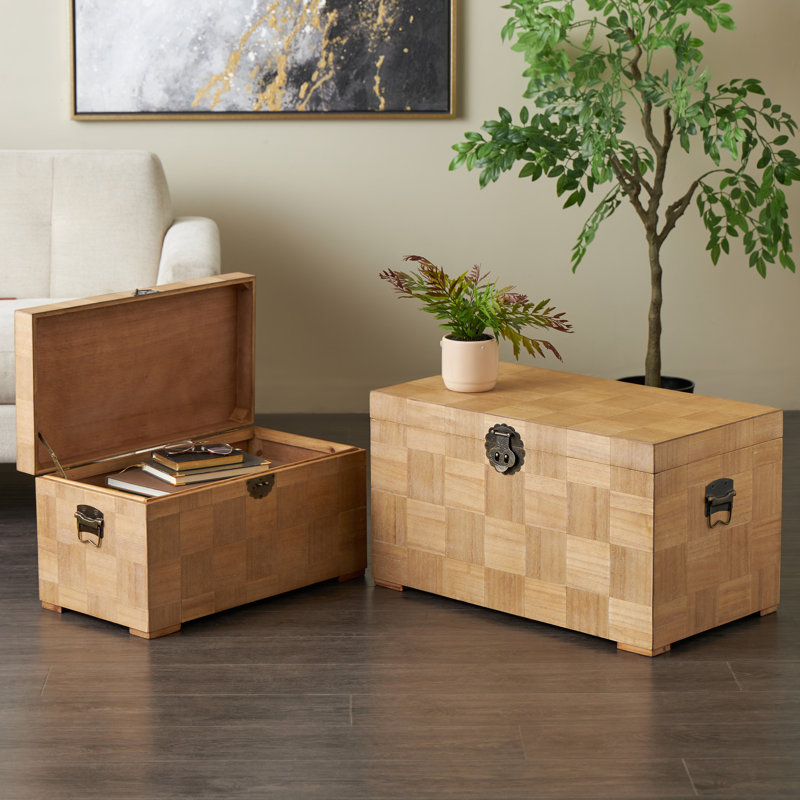 Cole And Grey Wood Handmade Decorative Brown Trunk With Black Metal Accents And Square Patterns Set