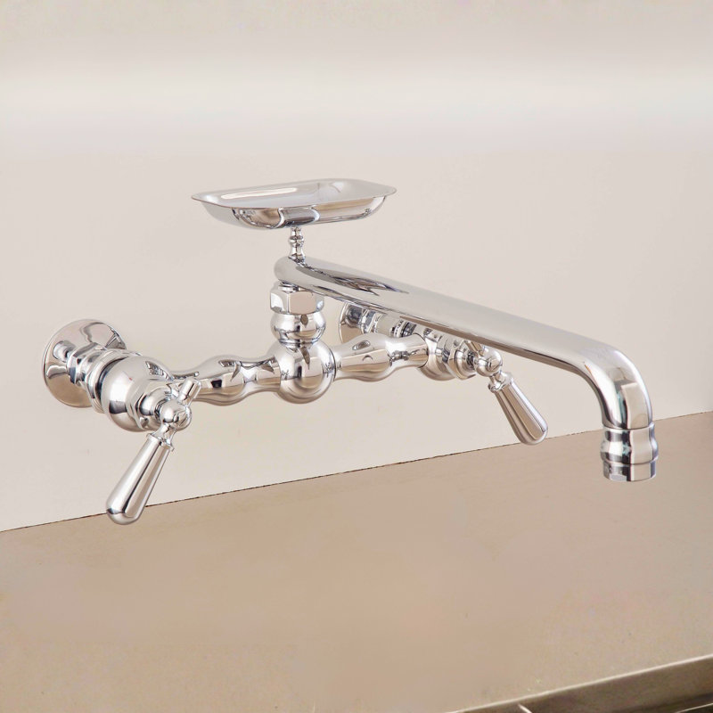 P0834 Robinet de cuisine mural de 5 po, centres de 8 po avec bec pivotant et porte-savon Columbia, Nickel poli