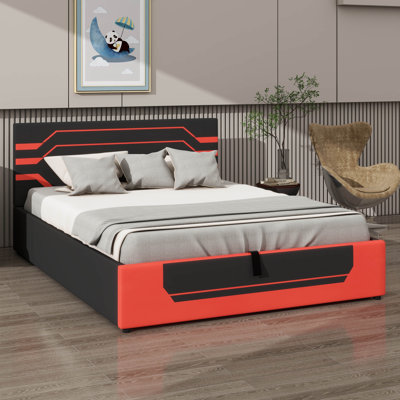 Contemporary Queen-Sized Hydraulic Storage Bed Frame For Gaming, Cyberpunk-Themed Esports Design