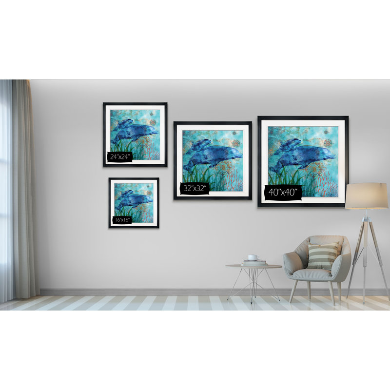 " Deep Sea Dolphins ", 16" H x 16" W x 1.5" D, Black Framed