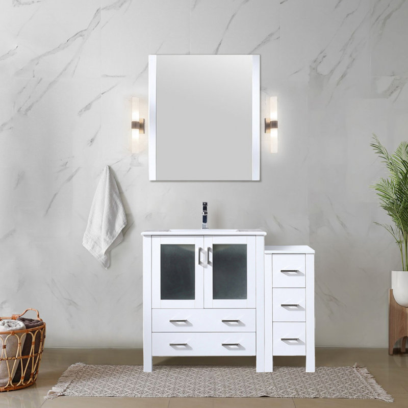 42 po Meuble-lavabo de salle de bain blanc, armoire latérale, comptoir en céramique, robinet, miroir 28 po - To Damage and Scratches