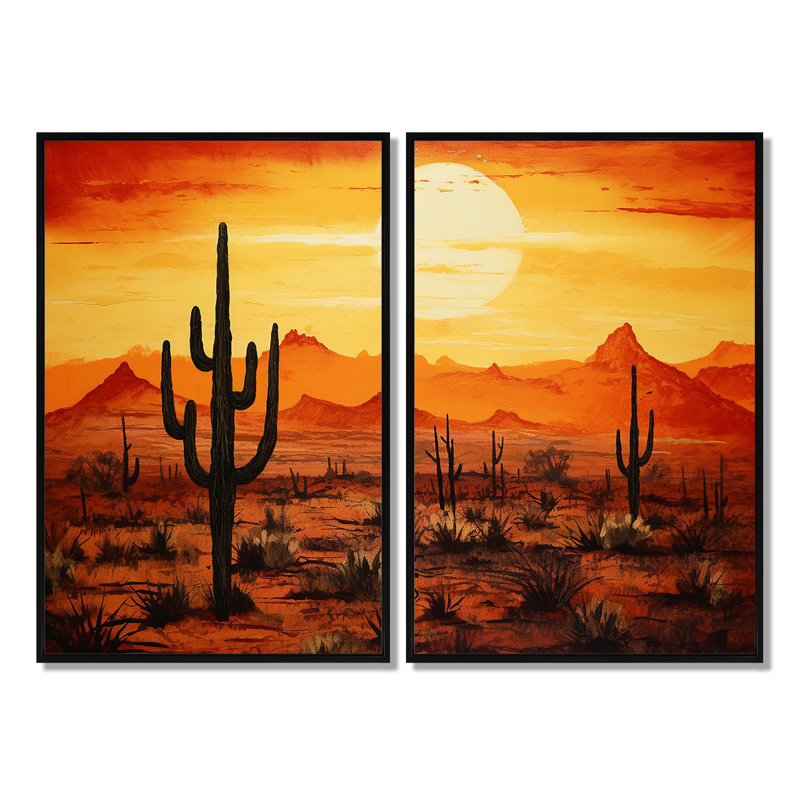 Cactus Sunrise Silhouettes - grandes impressions sur toile de cactus, Noir, H 36 po x l 48 po