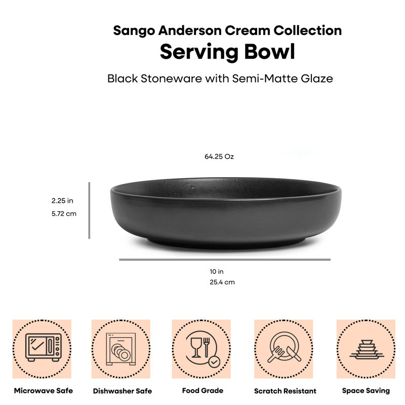 Ensemble de 2 bols de service noirs Sango Anderson, bol de service en grès de 10 po, 64,25 oz, va au micro-ondes et au lave-vaisselle