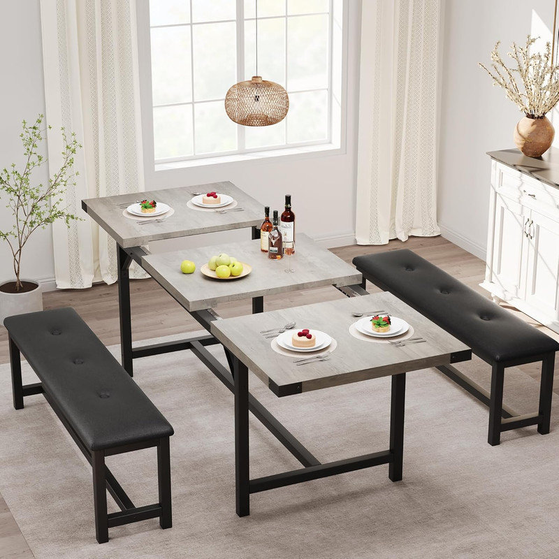 Ensemble de table de salle à manger pour 4-8, ensemble de 3 pièces extensibles 63 po avec 2 bancs rembourrés - Grande table de cuisine rectangulaire avec structure en métal pour économiser de l'espace dans les appartements