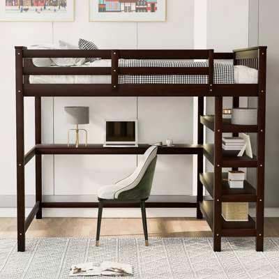 Full Size Loft Bed With Storage Shelves And Under-Bed Desk