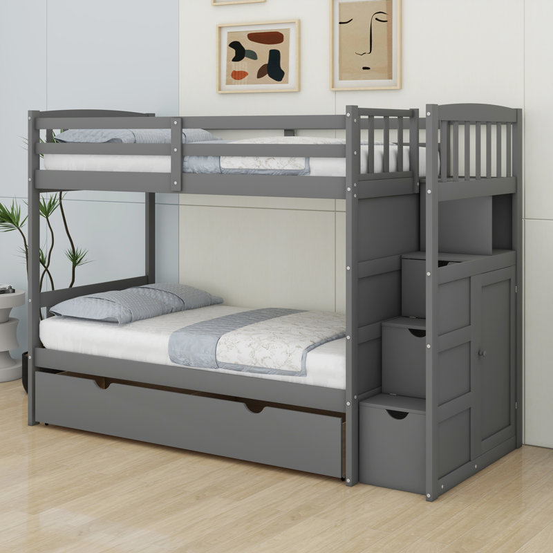 Lit superposé simple au-dessus de simple / double avec escalier, lit inférieur convertible, lit superposé en bois avec tablettes de rangement et tiroirs (nouveau)
