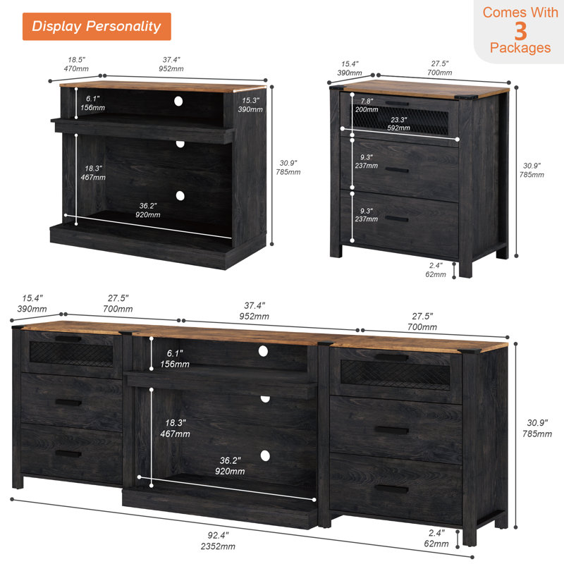17 Storeys 6 Drawer TV Stand Set For 100 Inch TV, Black