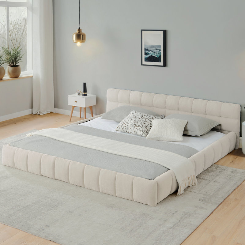 Élégante structure de lit tapissier très grand, cadre de lit très grand avec base en tissu chenille avec tête de lit, lit plateforme en bois avec cadre solide pour la chambre à coucher, aucun sommier nécessaire, beige (90,5 po x 80,5 po x 31 po)