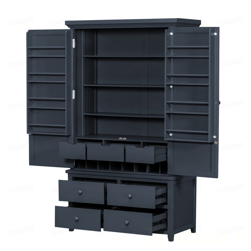 Grande armoire de rangement autoportante en bois avec 8 portes, 3 tablettes réglables, 7 tiroirs et 8 porte-bouteilles, Gray