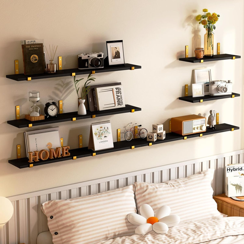 Ensemble de 10 tablettes flottantes en bois, Noir / or