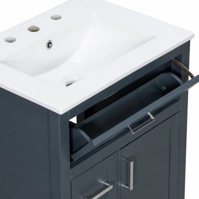 Meuble-lavabo autoportant de 61 cm (24 pouces) avec lavabo en céramique, 1 porte, tiroir rabattable et 2 tiroirs