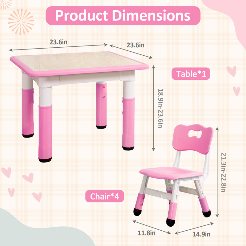 Kids 5 Piece Rectangular Play or Activity Table and Chair Set, Pink
