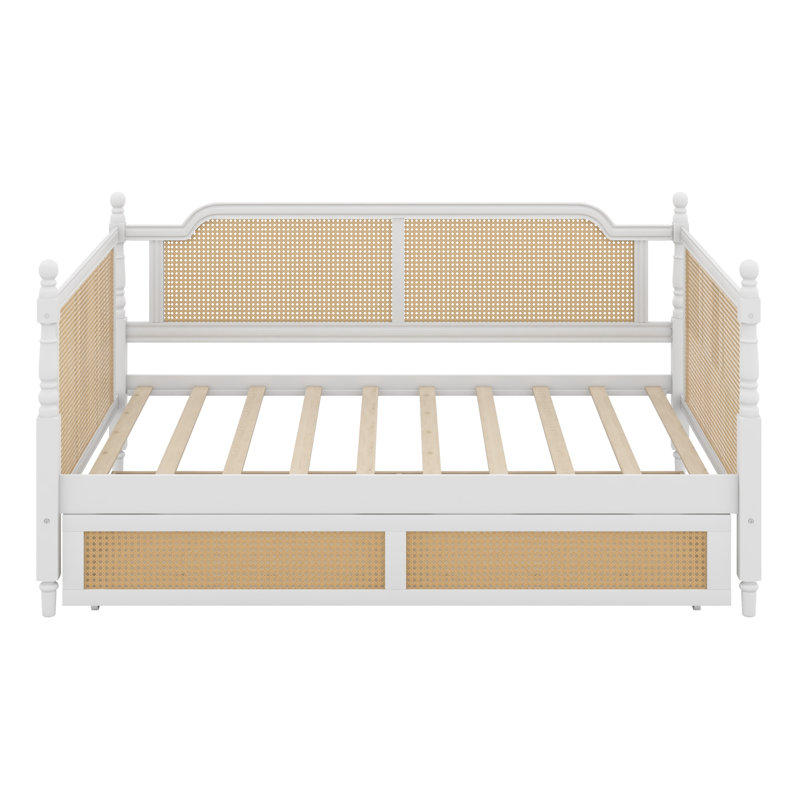 Rattan Daybed Featuring Traditional Style and 2 Storage Drawers, Ideal for Small Spaces and Guest Rooms, Antique White