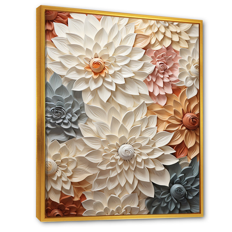 Fleurs blanches et bleues en harmonie sur toile, Cadre flottant doré, H 20 po x l 12 po x P 1 po