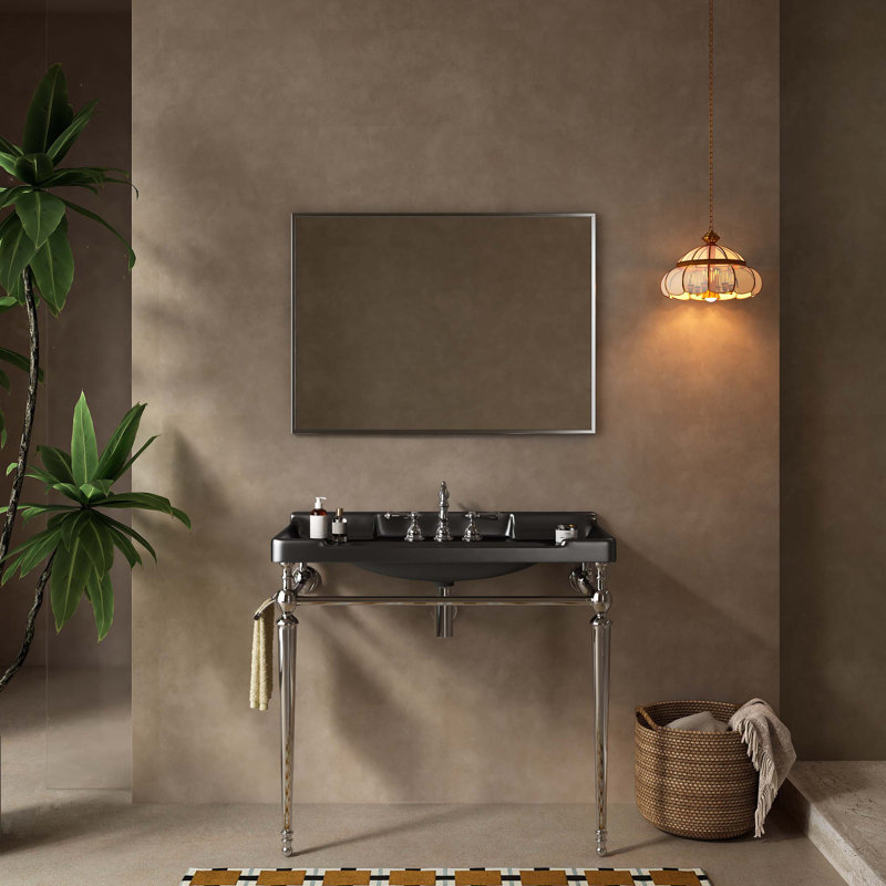 Lavabo de console de salle de bain mural avec trous de robinet pré-percés, pieds de support autoportants et barre à serviettes, idéal pour la rénovation de salle de bain et l’optimisation de l’espace.