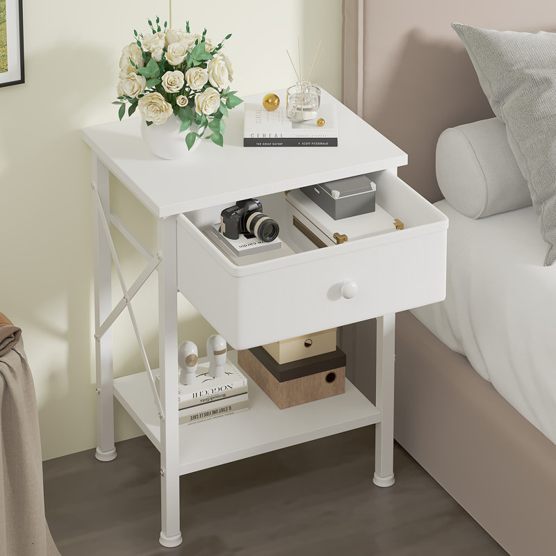 Set Of 2 Fabric Drawer Nightstand With Open Shelf, Small Bedside Table For Bedroom, Living Room Or Dorm, White