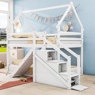 Lit superposé simple en bois en forme de maison avec structure de toit, toboggan et escalier de rangement