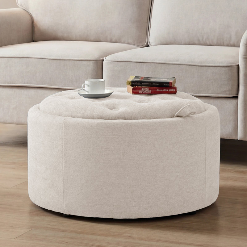 Repose-pieds capitonné rond 27,5 po avec rangement, Chenille - Oatmeal