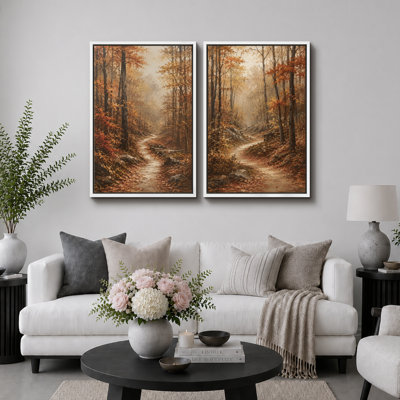 «Autumn Forest Path», art de paysage, photos de salon, impression sur toile encadrée, 2 pièces