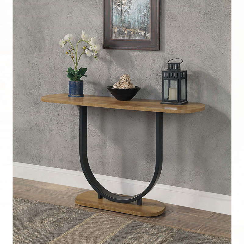 Table de canapé industrielle avec base en forme de U et plateau en bois reproduit - chêne rustique et noir sable