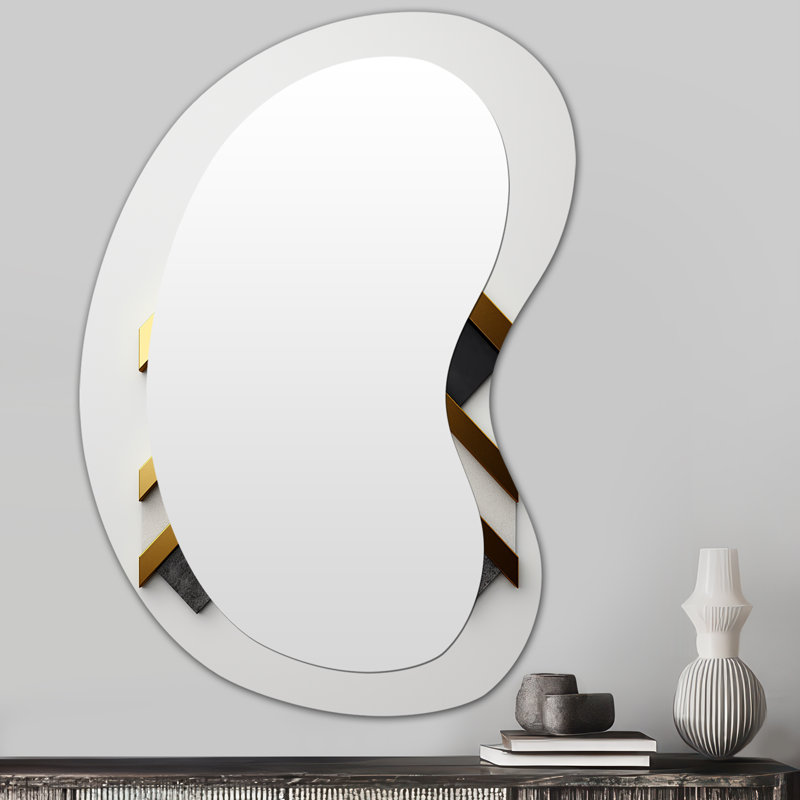 Hughe Gray Gold White Essence - Geometric Unique Shape Decorative Mirror, Modern Asymmetrical Wall Mirror, Printed Metal Art