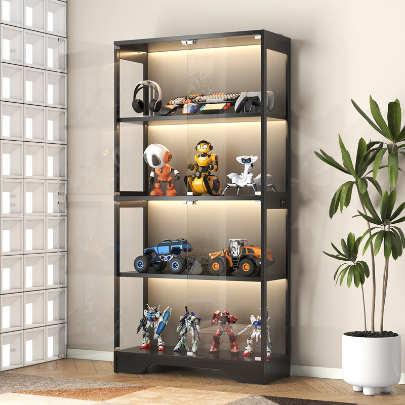 Vitrine avec portes en verre, vitrine à DEL avec capteur de corps humain RVB, vitrine à 4 niveaux pour objets de collection, grande bibliothèque avec 4 tablettes, armoires de rangement, vitrine
