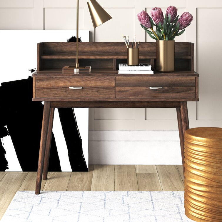 Modern Simple Home Office Desk, Mid Century Modern Computer Writing Desk  with Drawer Solid Wood Legs and Open Storage Cubby, Small Vanity Table Desk