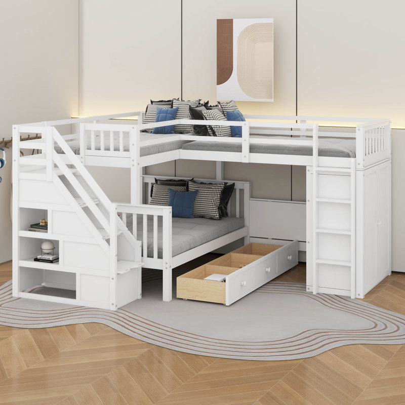 Lit superposé simple au-dessus d'un lit double en L avec bureau, tiroirs et garde-robe, Blanc