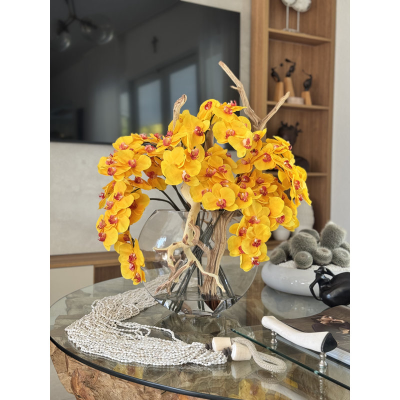 16" Glass Moon Vase With Light Brown Orchids And Driftwood, Yellow
