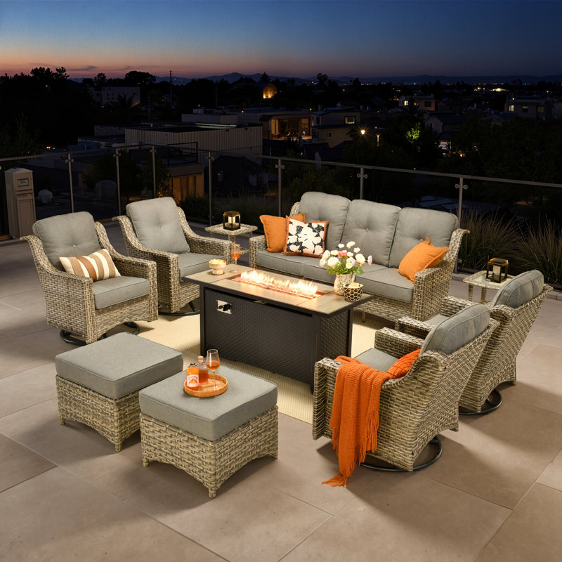 Sturgill 10-Piece Wicker Patio Conversation Set with Swivel Rocking Chairs and 50,000 BTU Fire Pit Table, Dark Gray
