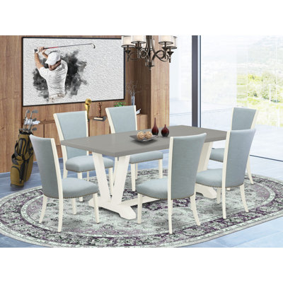 7 Piece Dining Table Set - 6 Baby Blue Linen Fabric Upholstered Chair with Nail heads and Cement Wood Dining Table - Wire Brushed Linen White.