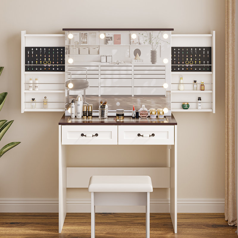 Farmhouse Makeup Vanity Desk with 3-Tone LED & Glass Tabletop & Stool
