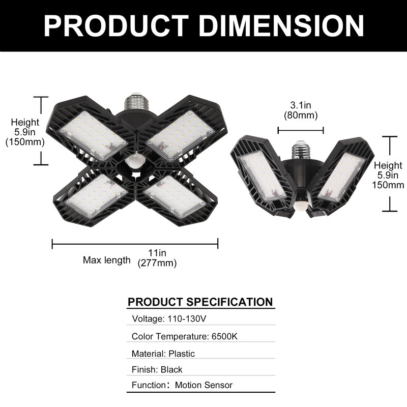 11 po Luminaire de garage à DEL 60 watts avec capteur de mouvement encastré et réglable avec panneaux pliables