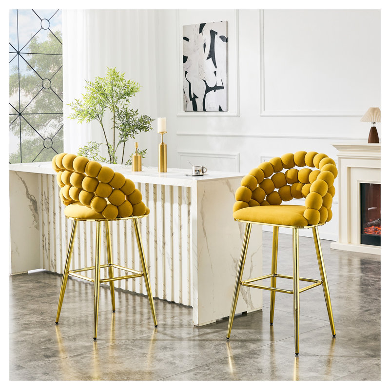 Ensemble de 2 tabourets de bar jaune moutarde à bulles, chaises de comptoir en velours avec pieds et repose-pieds en métal doré