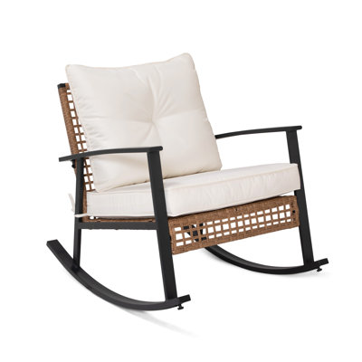 Decksplore Oversized Outdoor Wicker Rocking Chair with Thick Cushions, Steel Frame Patio Rocker Chair