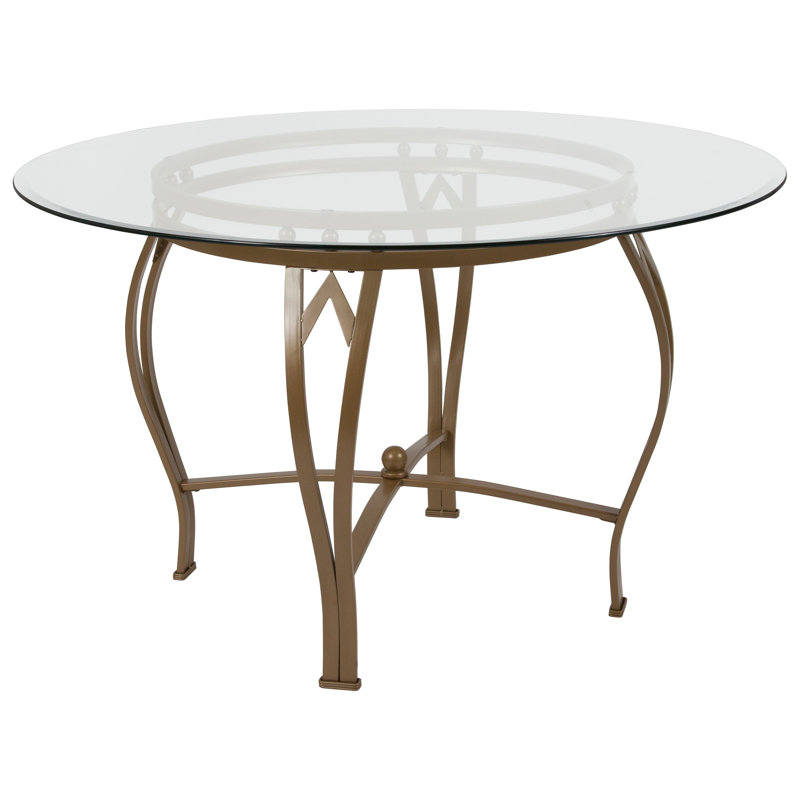 Syracuse Round Glass Dining Table with Bowed Out Metal Frame, 29.5" H x 48" W x 48" D, Gold