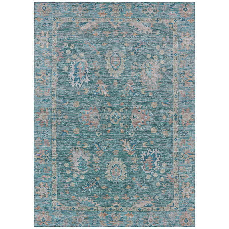 Tapis bleu sarcelle et beige à motif floral 5 pi x 8 pi