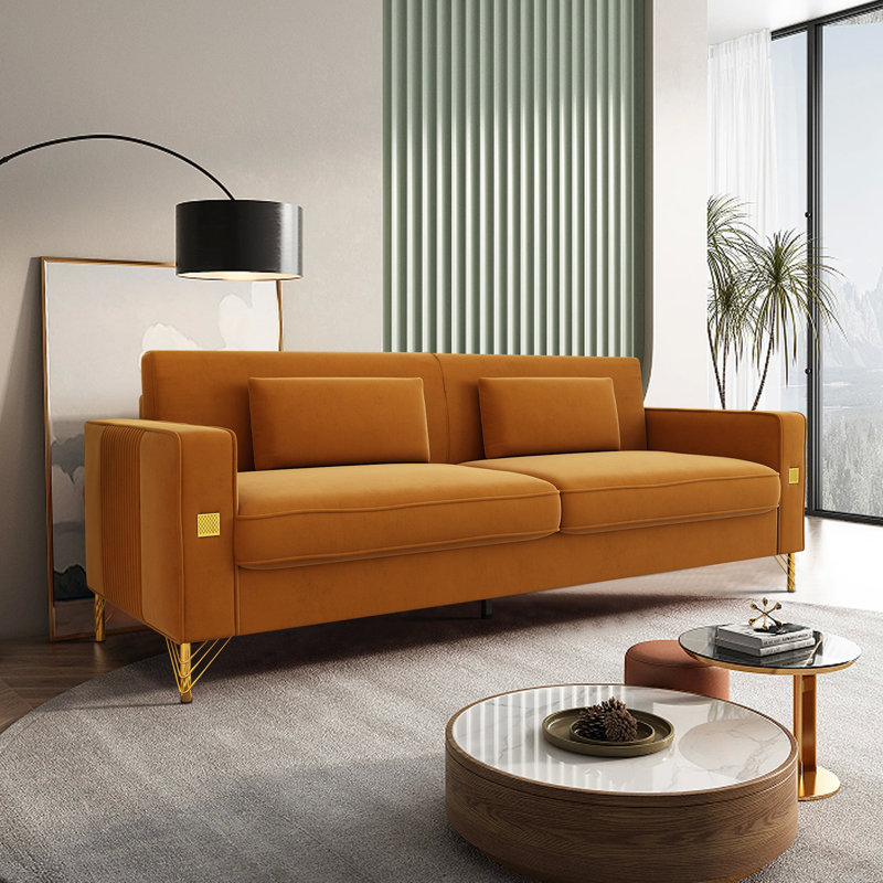 Deondry 85.63" Velvet Square Arm Sofa, Orange Velvet