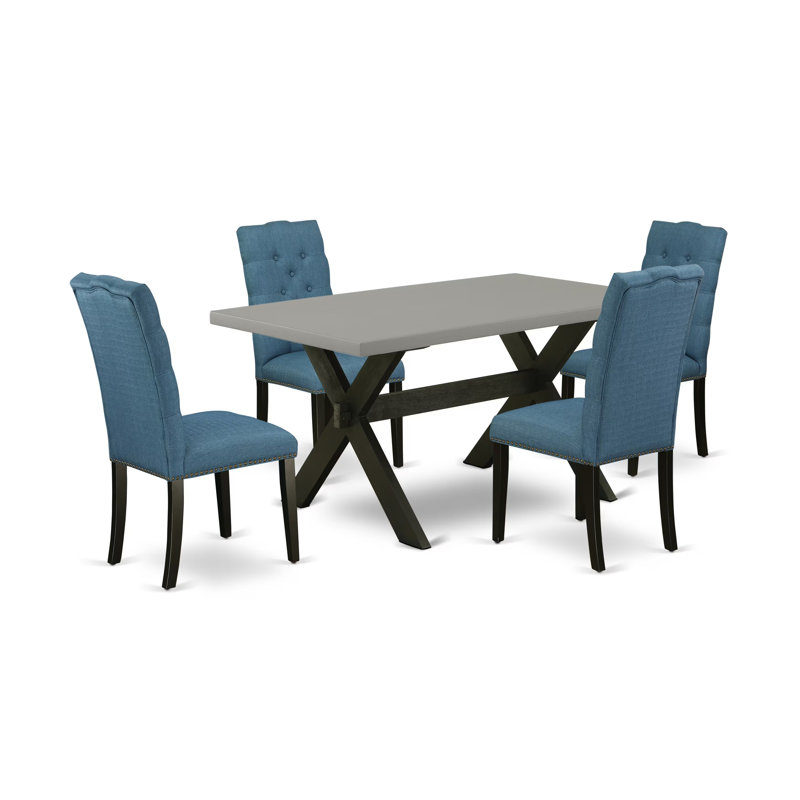 L'ensemble de table de salle à manger 5 pièces pour 4 personnes comprend une table de cuisine rectangulaire avec pieds en X et 4 chaises rembourrées en tissu de lin bleu, noir brossé