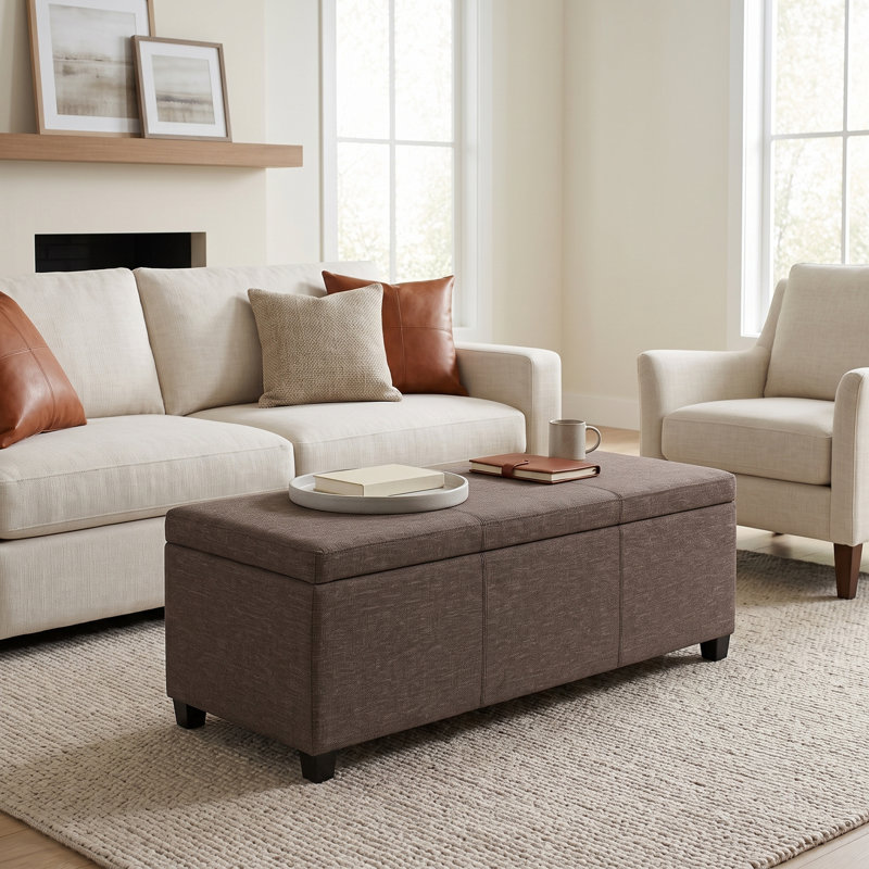 Banc de rangement avec repose-pieds rectangulaire rectangulaire en tissu d'aspect lin avec mousse à haute densité Avalon